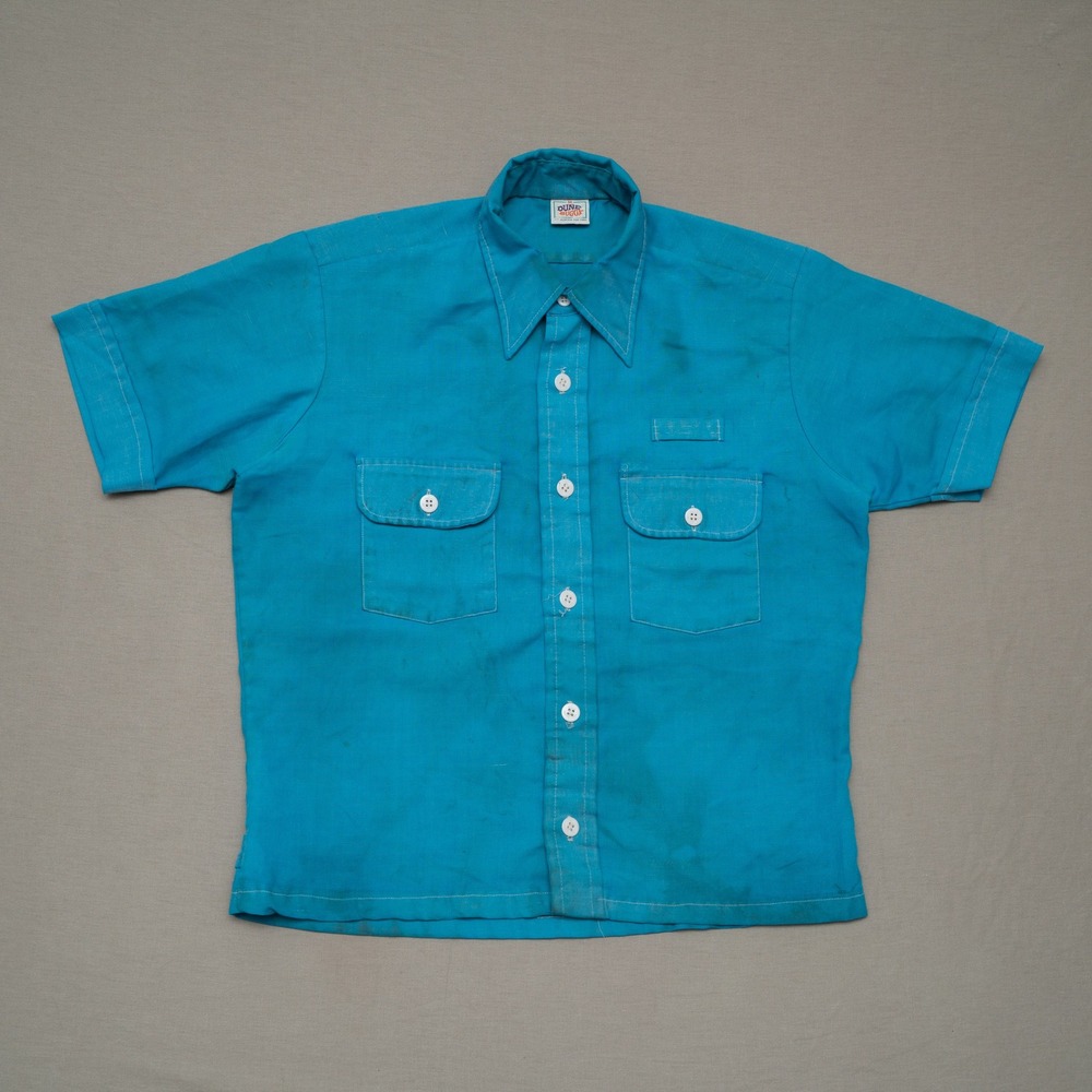 Vintage‎ 70s Mod Button Up Bowling Shirt Dune Buggy Daggar Collar Blue Adult M
